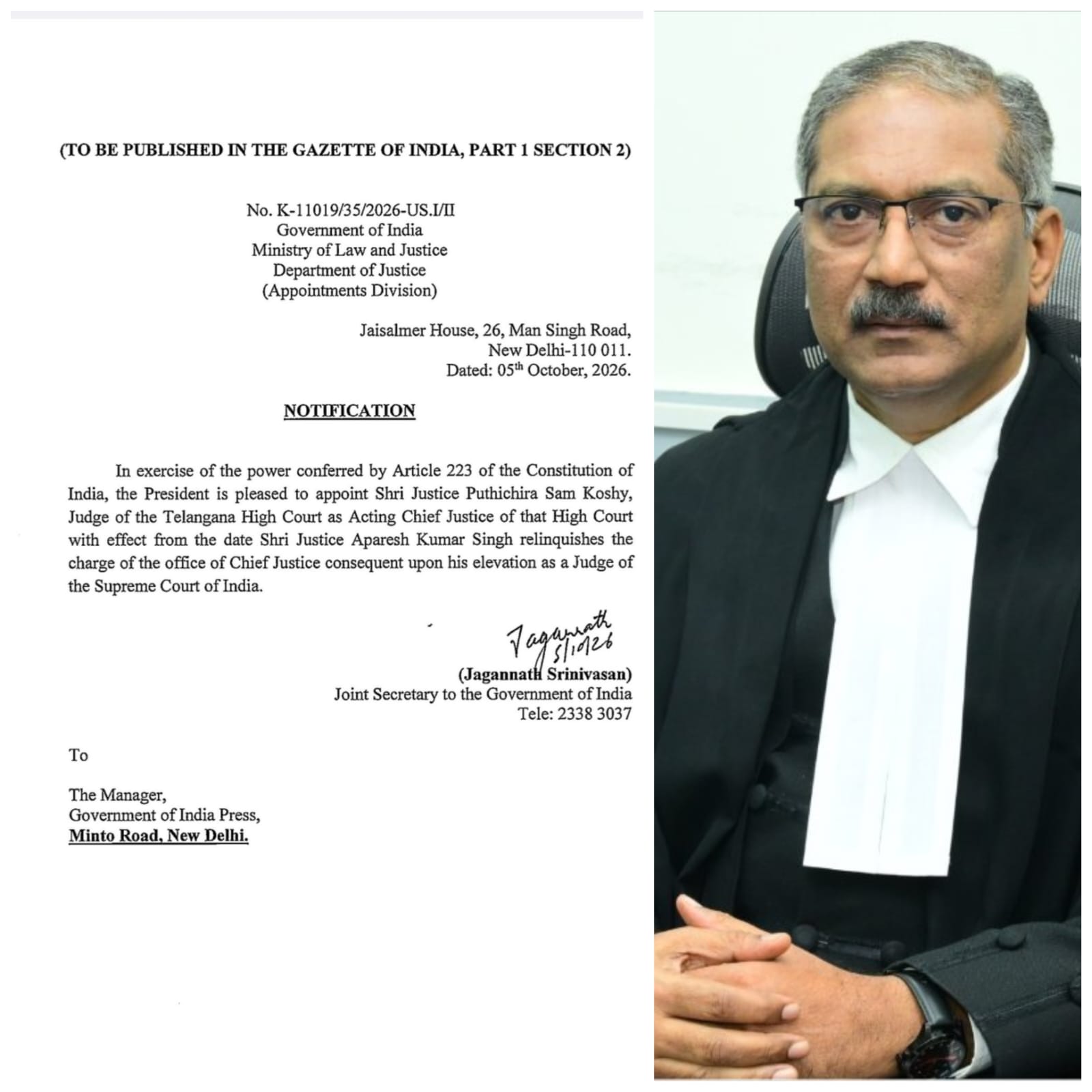 తెలంగాణ హైకోర్టు తాత్కాలిక సీజేగా జస్టిస్‌ సామ కోషీ